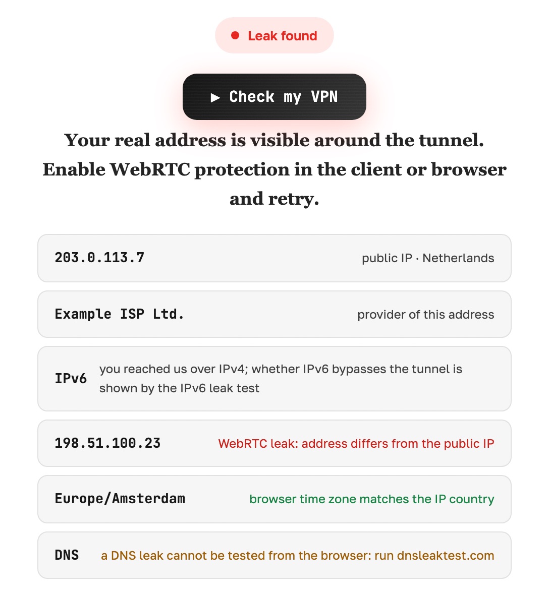 404 VPN check result showing a WebRTC leak: the address seen through WebRTC differs from the public IP